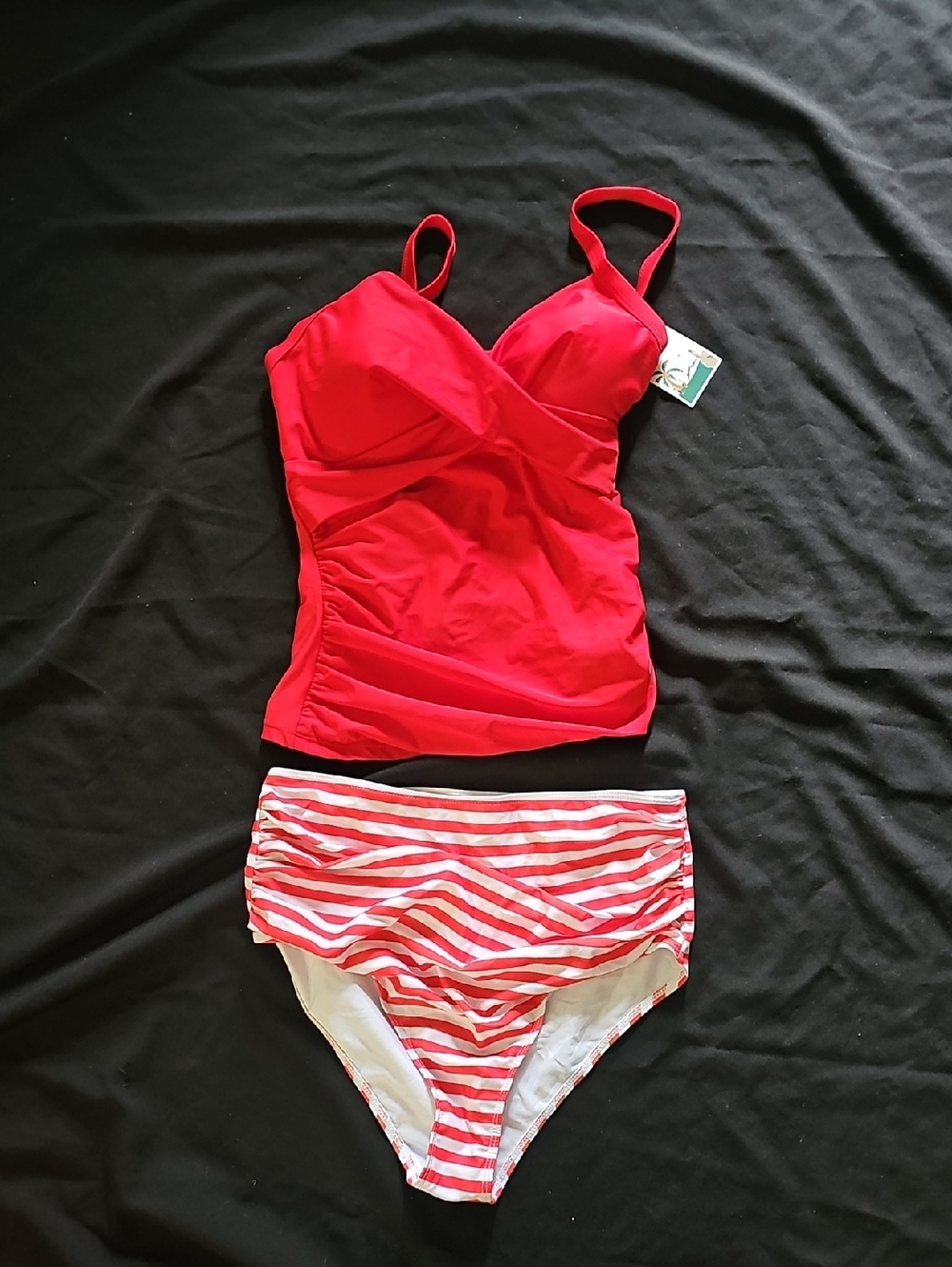 Red Women's Tankini Bikini Set - Classic Stripe Bottom